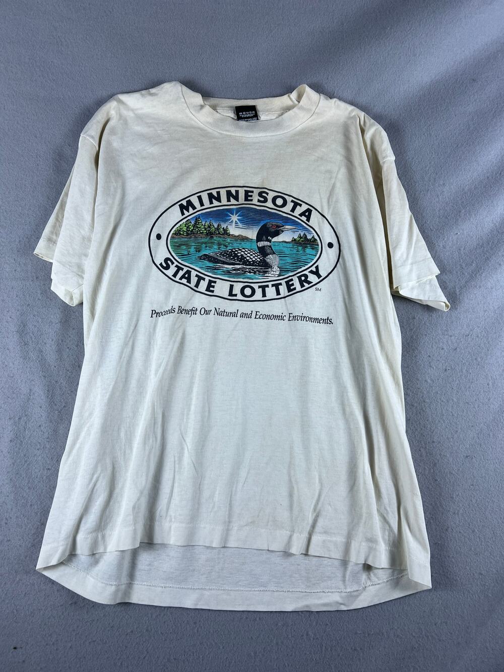 Vintage 90s Minnesota State Lottery T-Shirt Mens XXL Cream Loon Bird Made in USA
